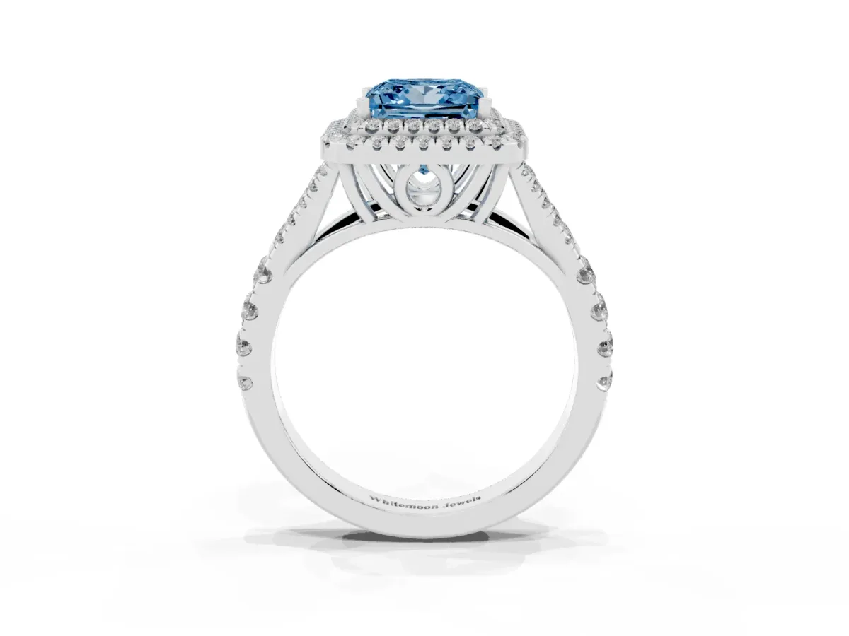 Fancy Blue Princess Cut Diamond Pavé Split Shank Double Halo Engagement Ring Platinum