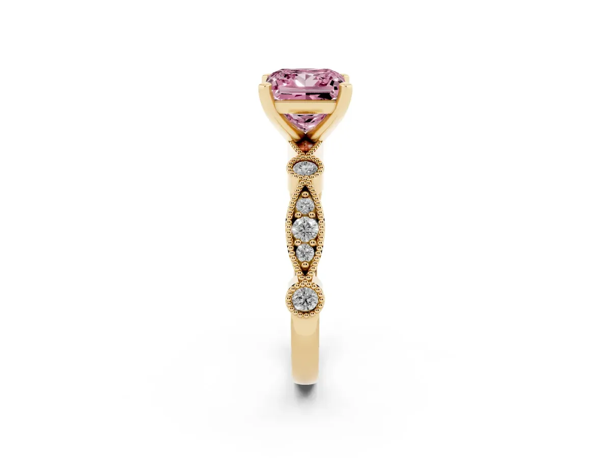 Fancy Pink Princess Cut Milgrain Bezel Diamond Engagement Ring with Solitaire Prong Setting Yellow gold