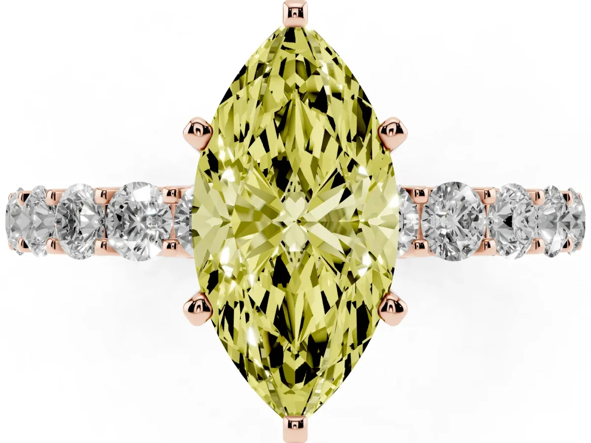 Fancy Yellow Marquise Cut Diamond Solitaire Ring with Shared Prong Pavé Band and Four-Prong Setting Rose gold