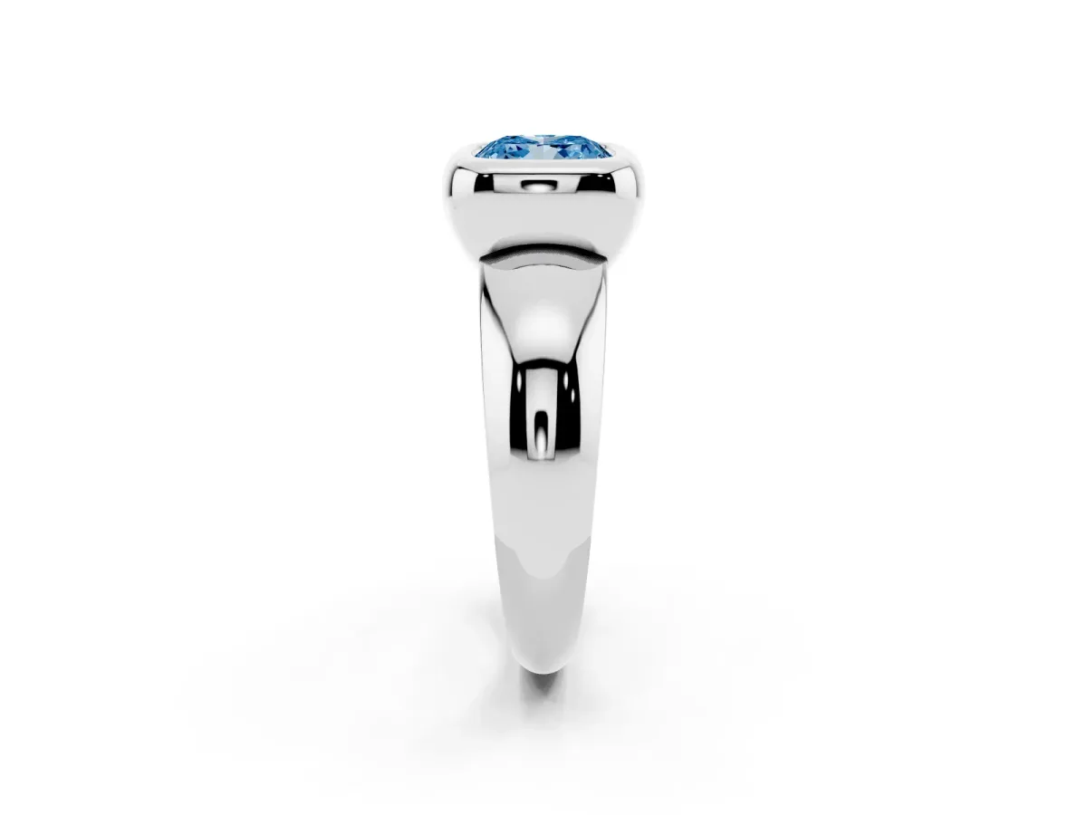 Fancy Blue Bezel Set Cushion Cut Solitaire Ring with Wide Band Silver