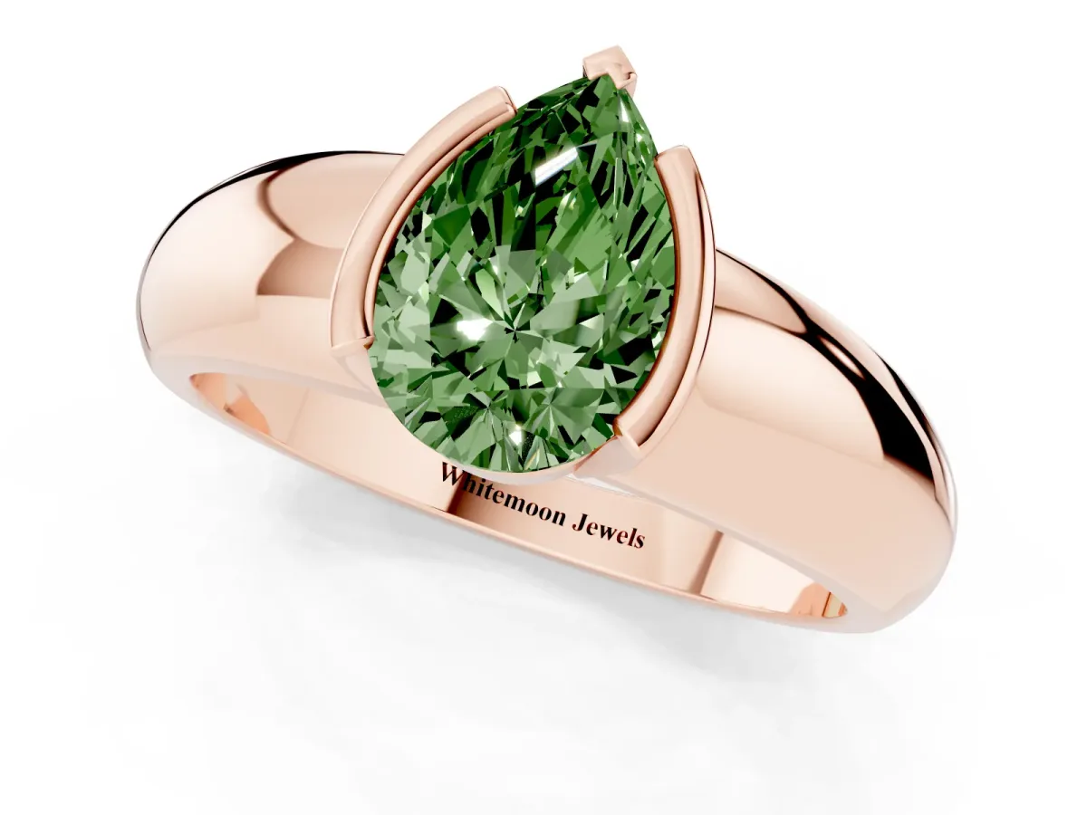 Fancy Green Pear Cut Solitaire Tension Set Diamond Ring with Wide Band Rose gold