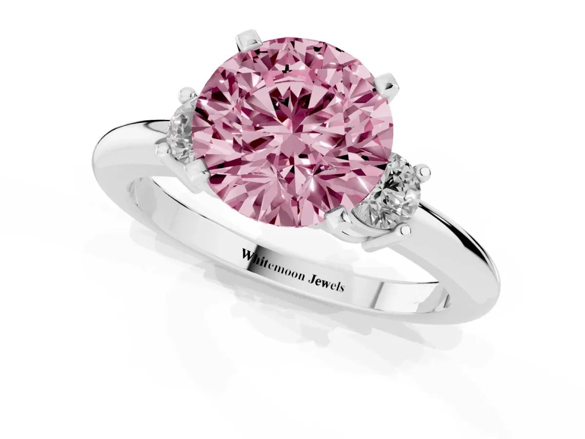 Fancy Pink Three-Stone Round Cut Cut Diamond Solitaire with Prong Setting and Classic Band Silver