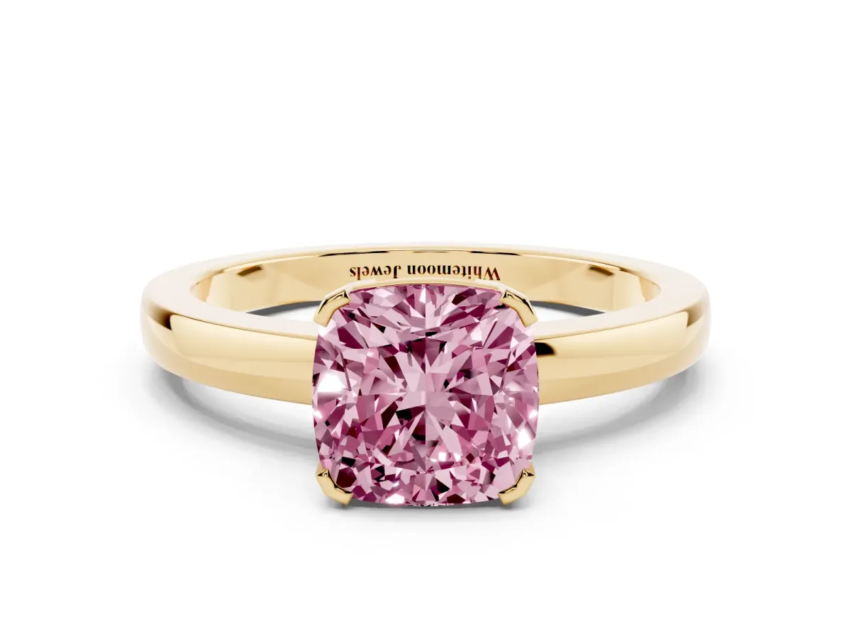 Fancy Pink Cushion Cut Cut Solitaire Ring with Four-Prong Setting and Classic Band Yellow gold