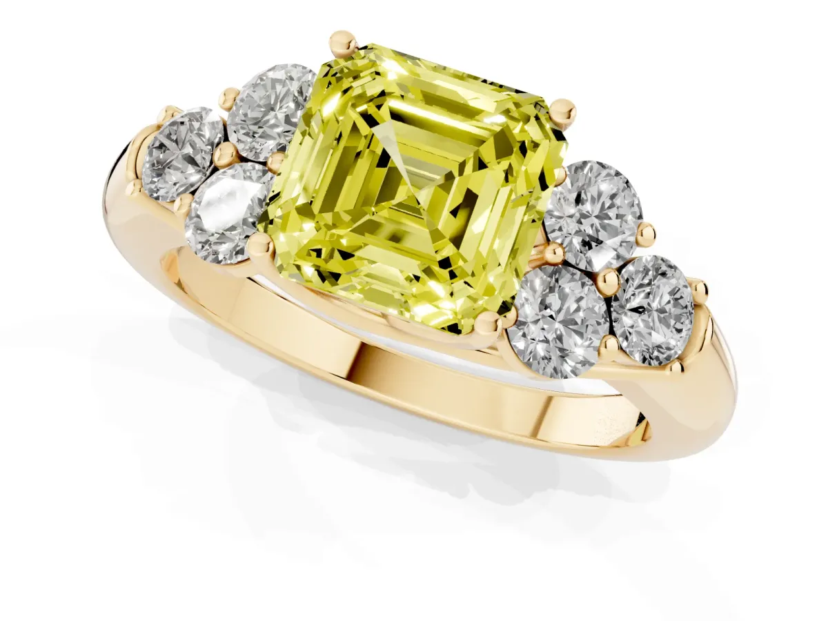 Fancy Yellow Asscher Cut Cut Diamond Cluster Ring with Round Accent Stones and Prong Setting on a Classic Band Yellow gold