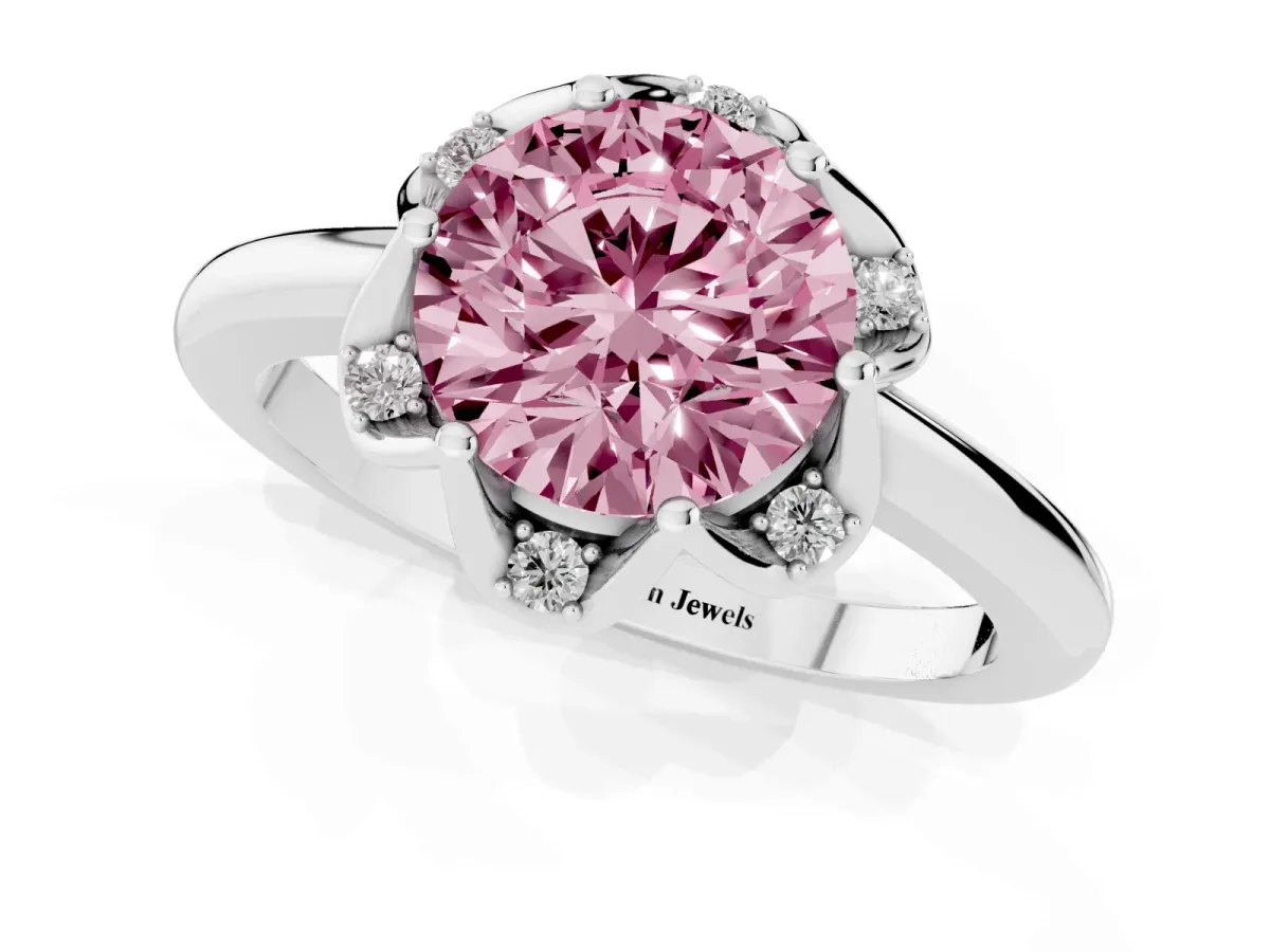 Fancy Pink Round Cut Halo Diamond Ring with Round Cluster Setting, Solitaire Band, and Four-Prong Setting White gold