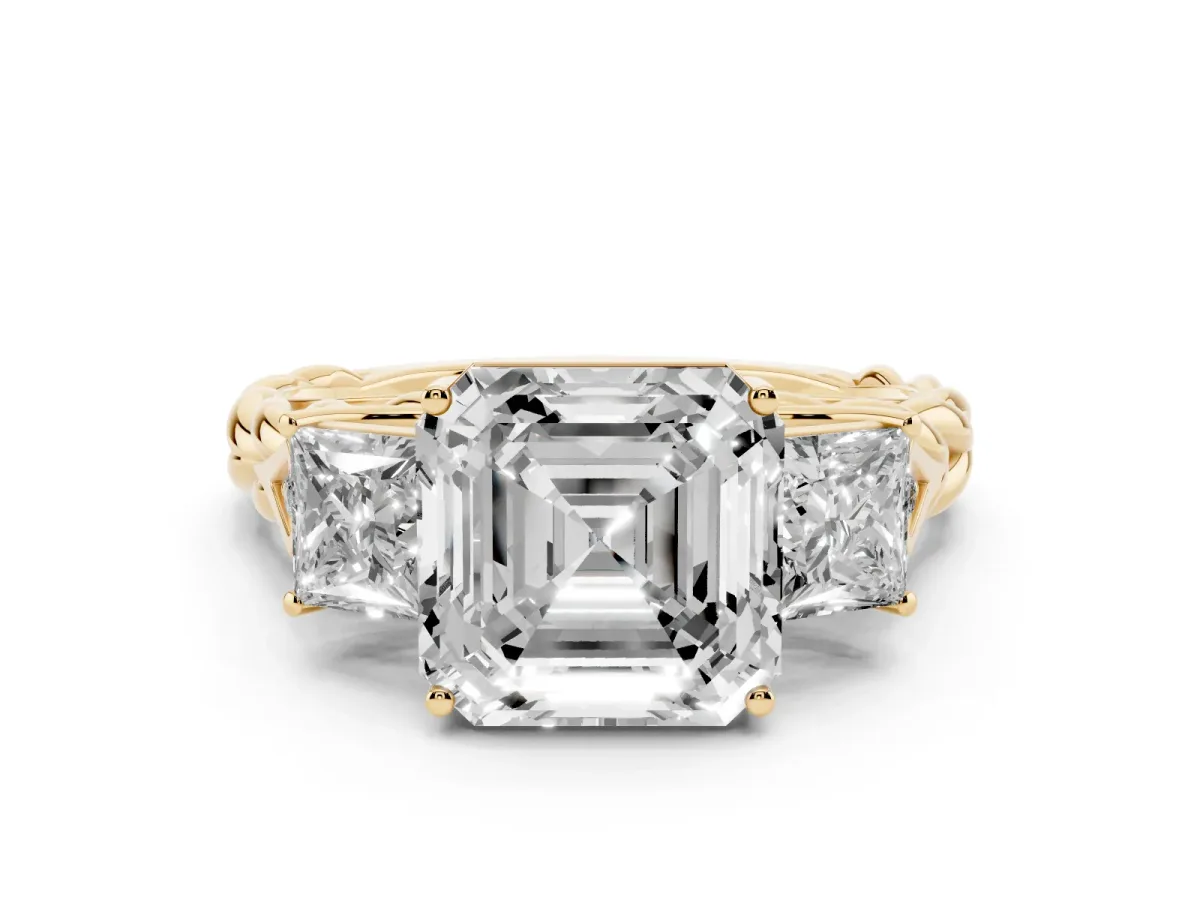 Three-Stone Asscher Cut Diamond Braided Band Ring with Four-Prong Setting Yellow gold