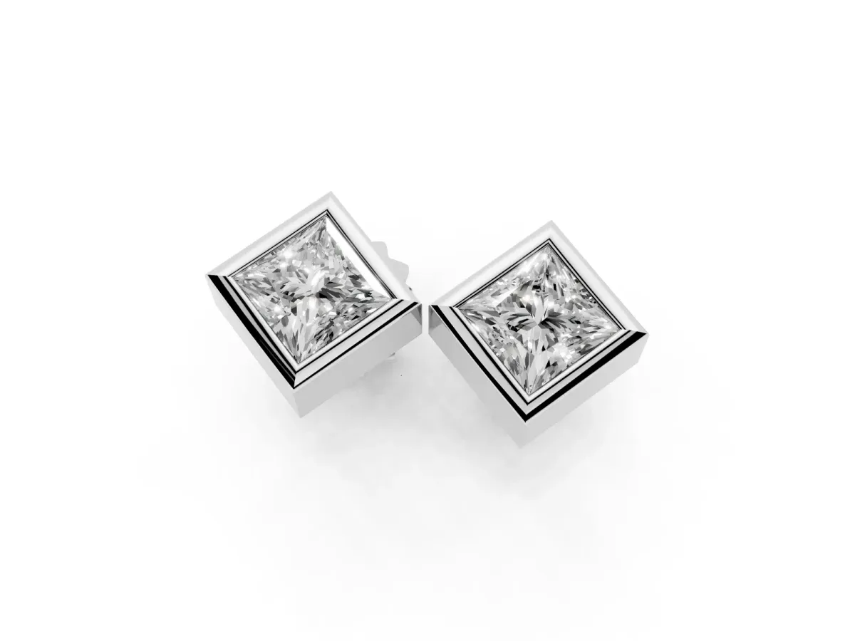 Princess Cut Bezel Set Diamond Stud Earrings White gold