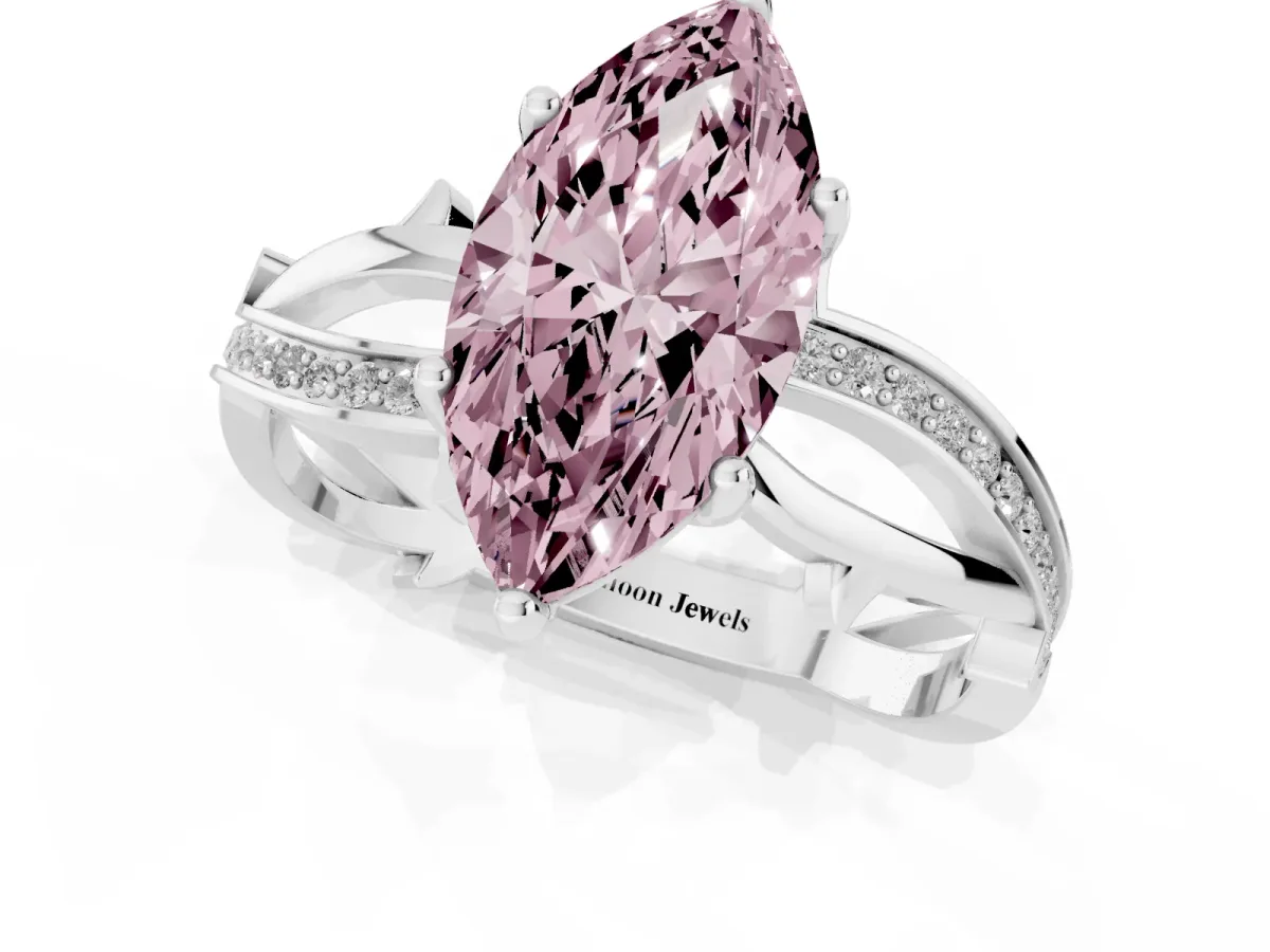 Fancy Pink Marquise Cut Solitaire Twist Band with Pavé Accents and Four-Prong Setting White gold
