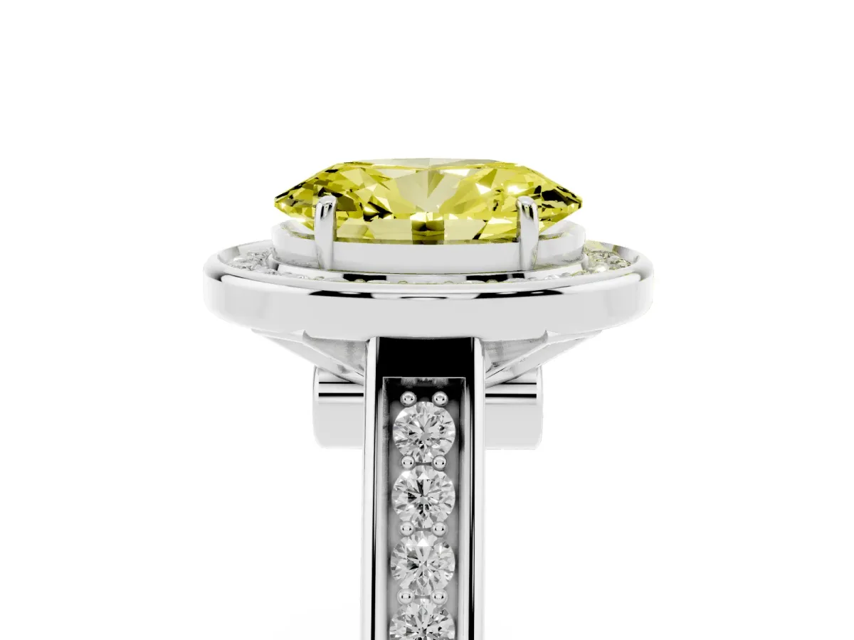 Fancy Yellow Oval Cut Halo Solitaire Diamond Ring with Pave Band and Bezel Setting Platinum