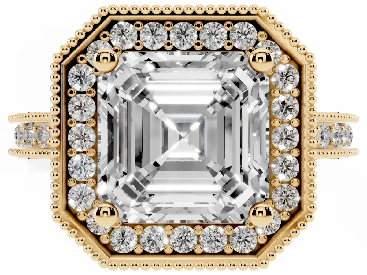 Asscher Cut Diamond Milgrain Halo Engagement Ring with Round Pavé Band and Prong Setting Yellow gold