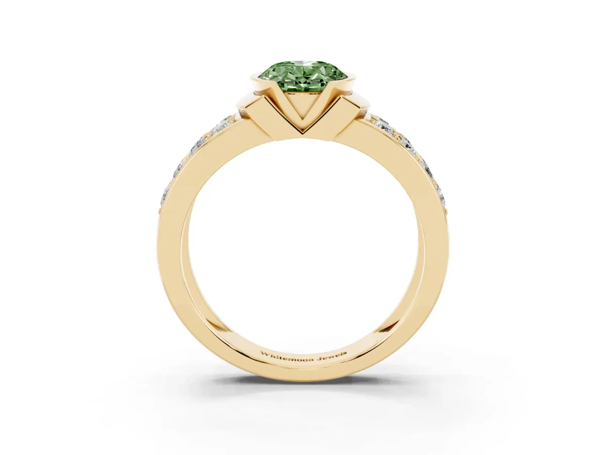 Fancy Green Oval Cut Brilliant Diamond Channel Set Wide Band Ring with Bezel Setting Yellow gold