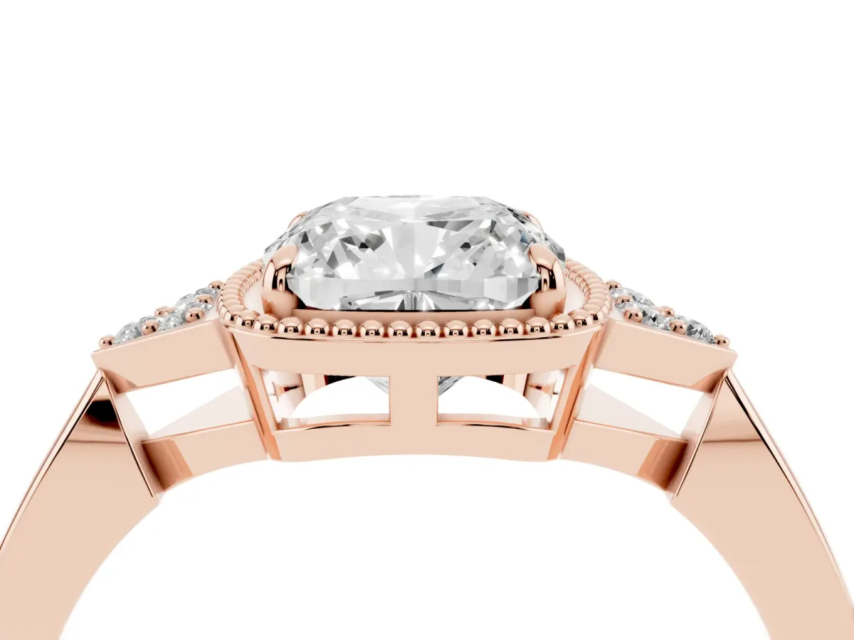 Hexagonal Halo Cushion Cut Diamond Solitaire with Pavé Band and Four-Prong Setting Rose gold