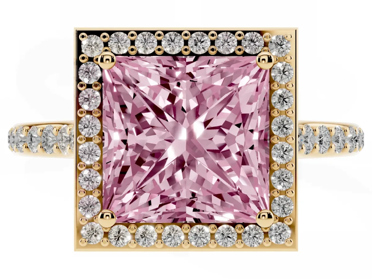 Fancy Pink Princess Cut Diamond Halo Engagement Ring with Round Pavé Shoulders and Prong Setting Yellow gold