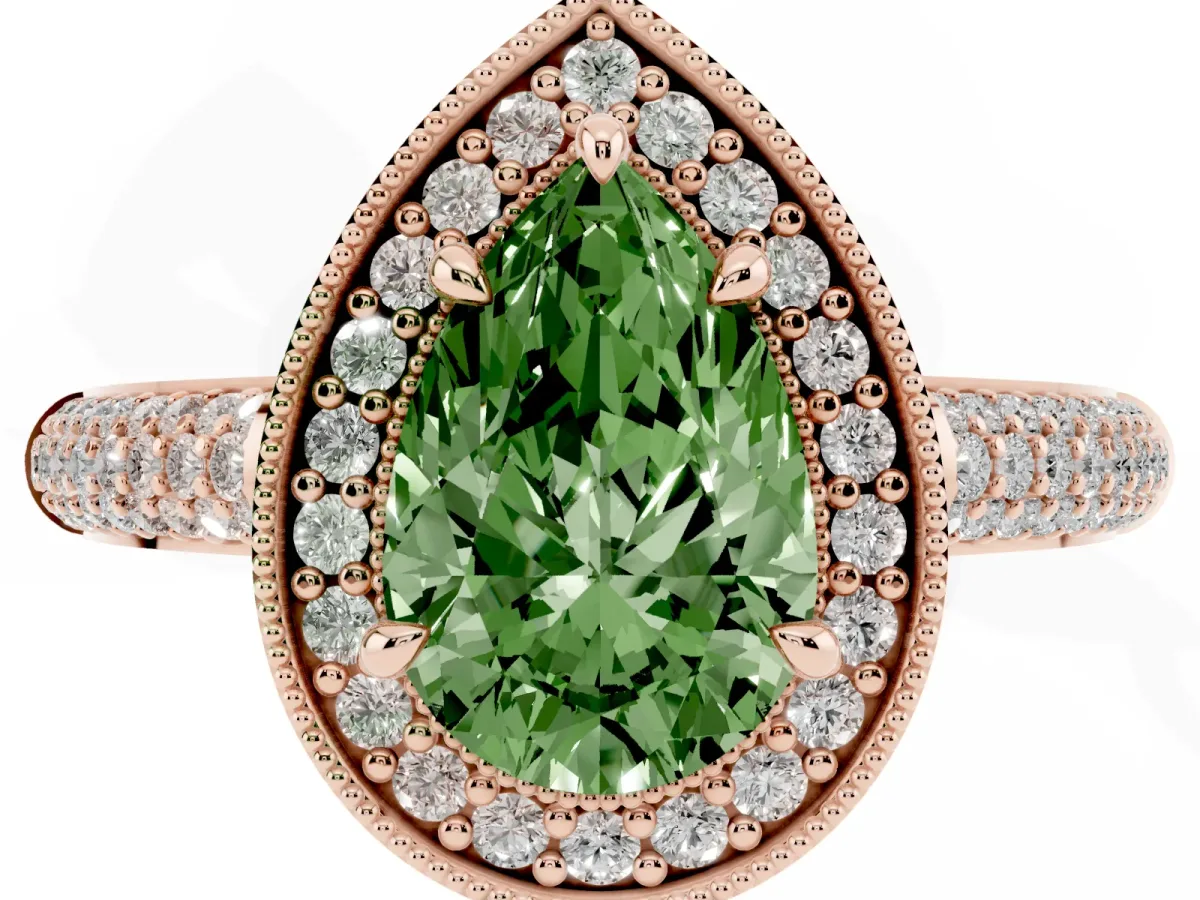 Fancy Green Pear Cut Cut Halo Diamond Pave Band with Four-Prong Setting Rose gold