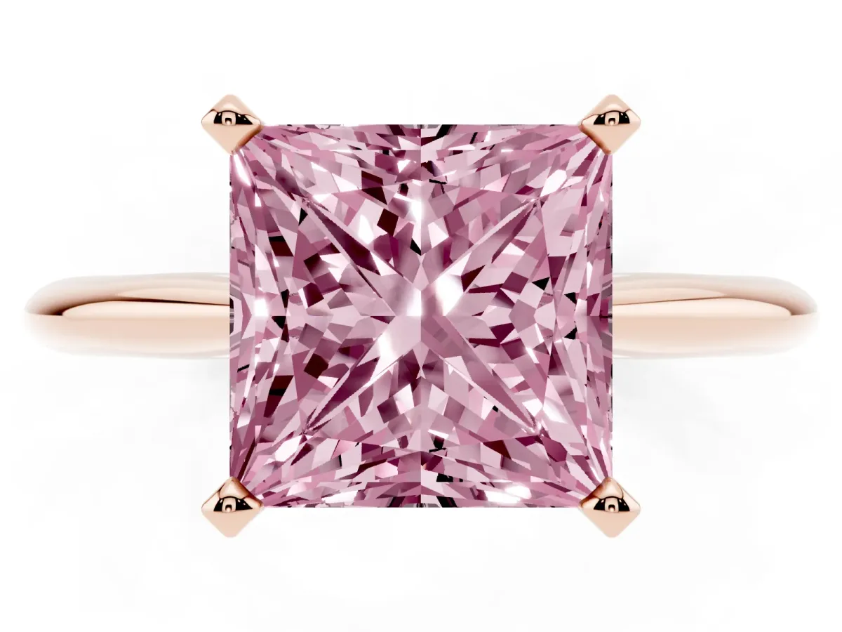 Fancy Pink Princess Cut Cut Solitaire Ring with Four-Prong Setting on a Classic Band Rose gold