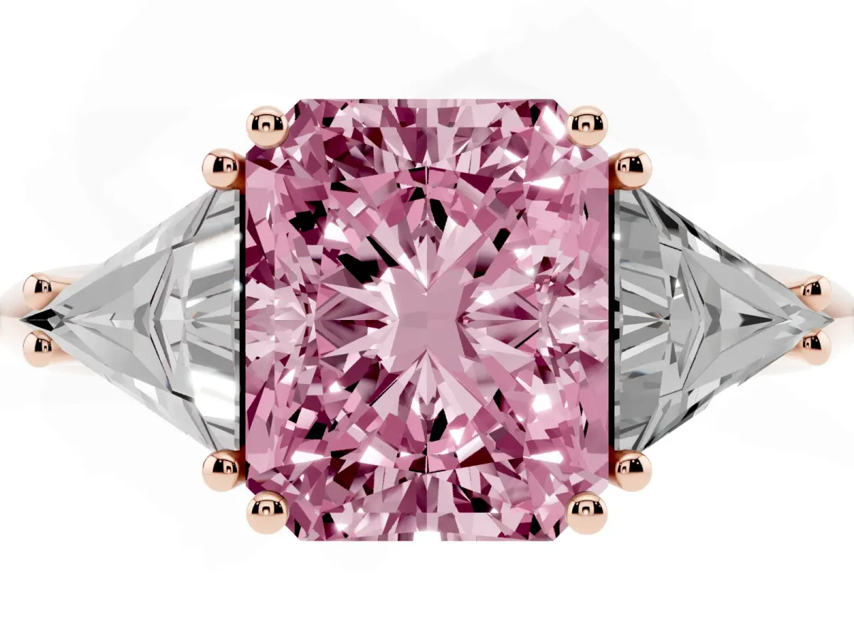 Fancy Pink Three-Stone Radiant Cut Diamond Engagement Ring with Trillion Side Stones and Prong Setting Rose gold
