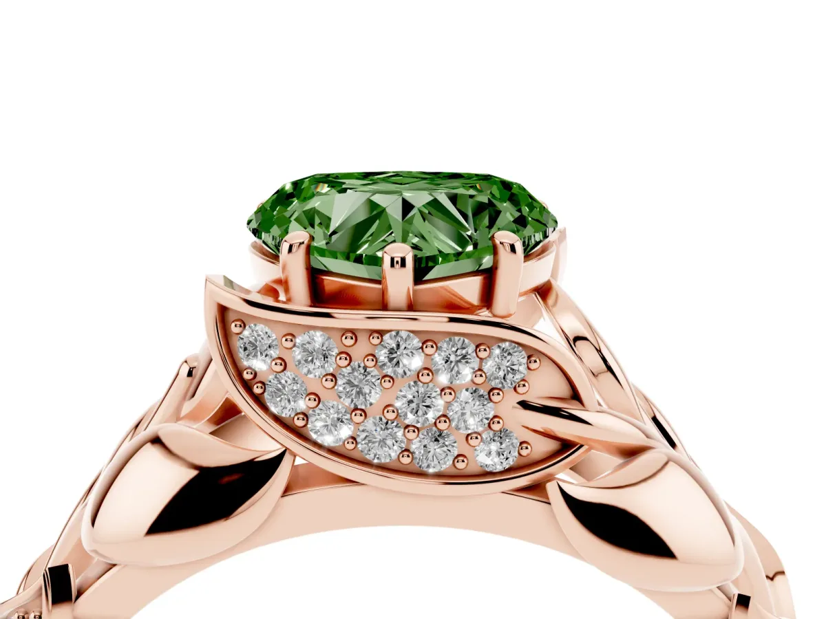 Fancy Green Heart Cut Diamond Leaf-Inspired Engagement Ring with Round Accents and Prong Setting Rose gold