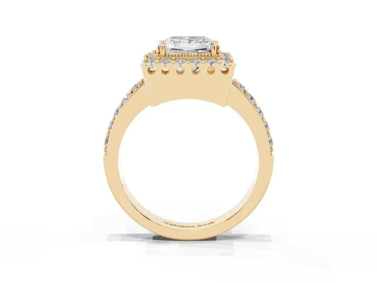 Princess Cut Diamond Halo Ring with Pavé Band and Prong Setting Yellow gold