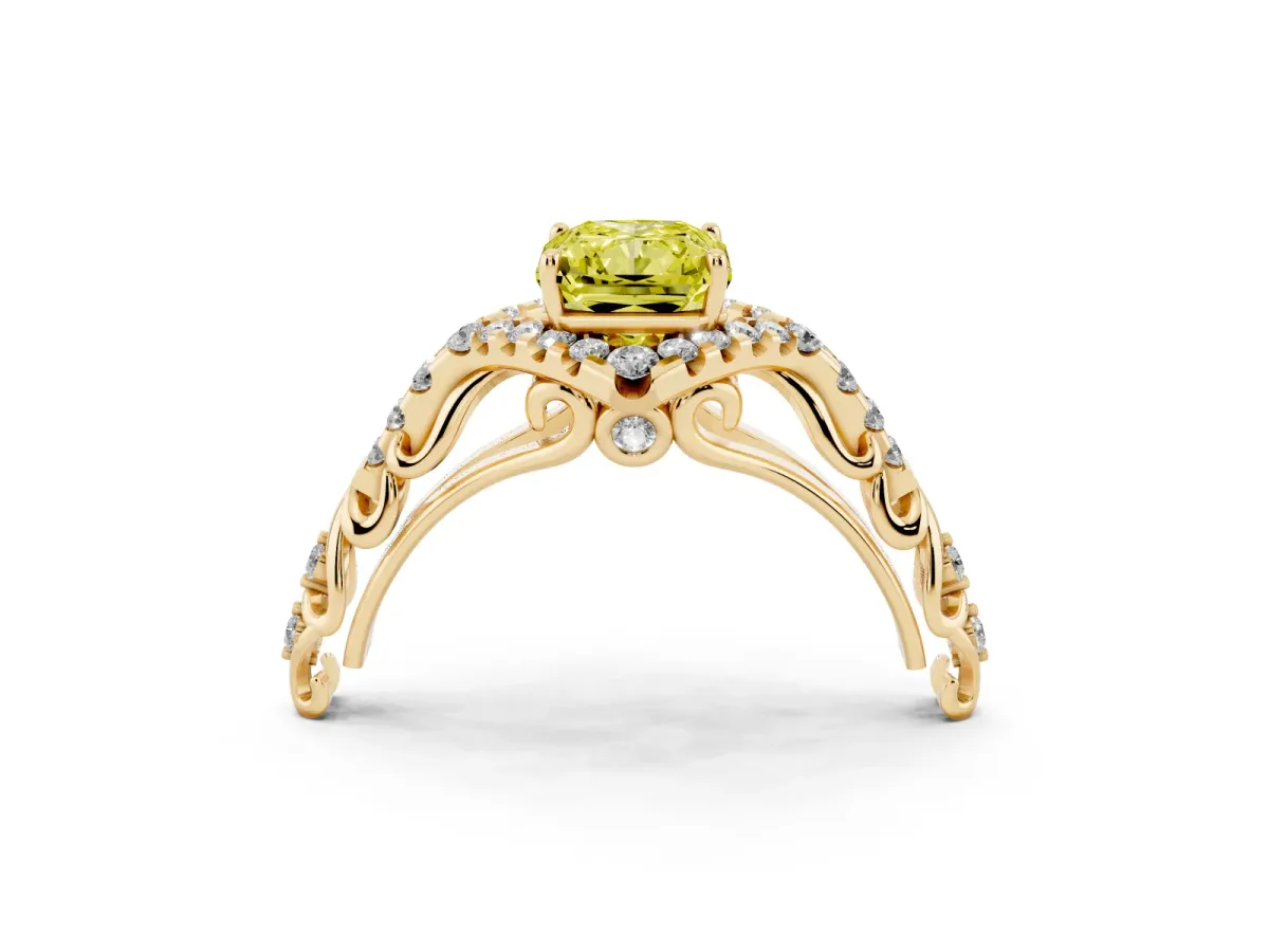 Fancy Yellow Radiant Cut Diamond Solitaire Ring with Hidden Halo and Pavé Band Yellow gold
