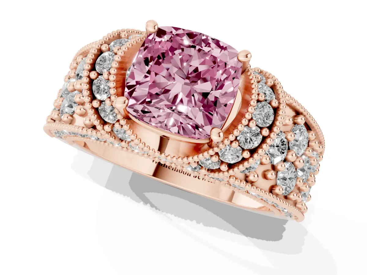 Fancy Pink Cushion Cut Halo Pave Diamond Engagement Ring with Milgrain Detailing Rose gold