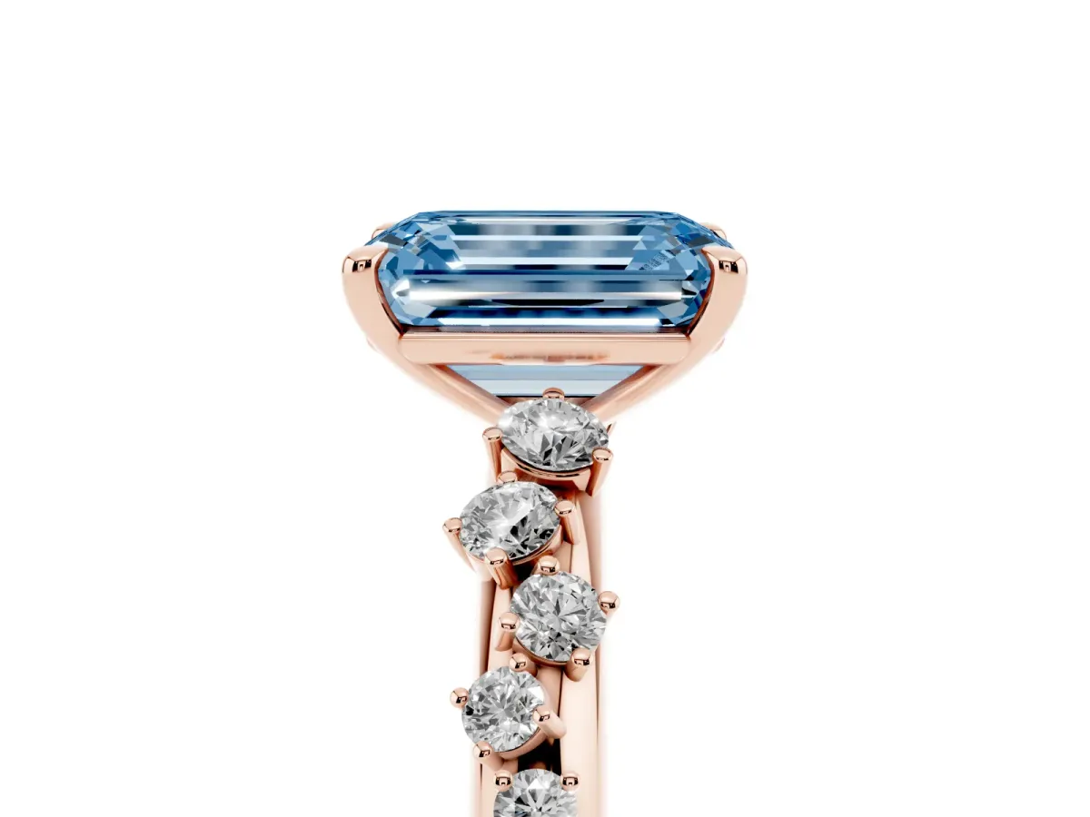 Fancy Blue Emerald Cut Diamond Cluster Prong-Set Solitaire Ring Rose gold