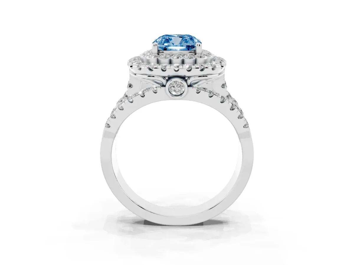 Fancy Blue Cushion Cut Diamond Double Halo Ring with Round Pavé Split Shank and Prong Setting Silver