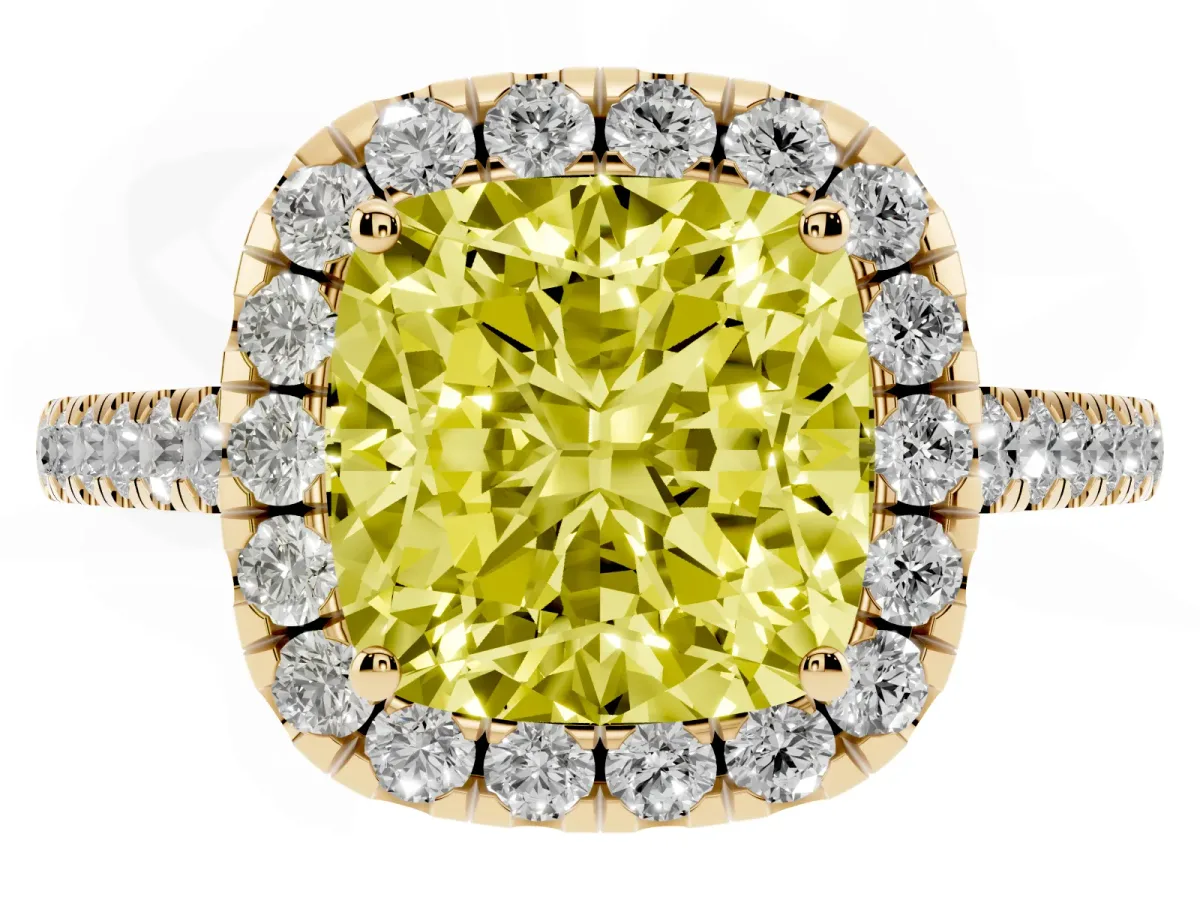Fancy Yellow Cushion Cut Halo Pave Diamond Engagement Ring with Four-Prong Setting Yellow gold