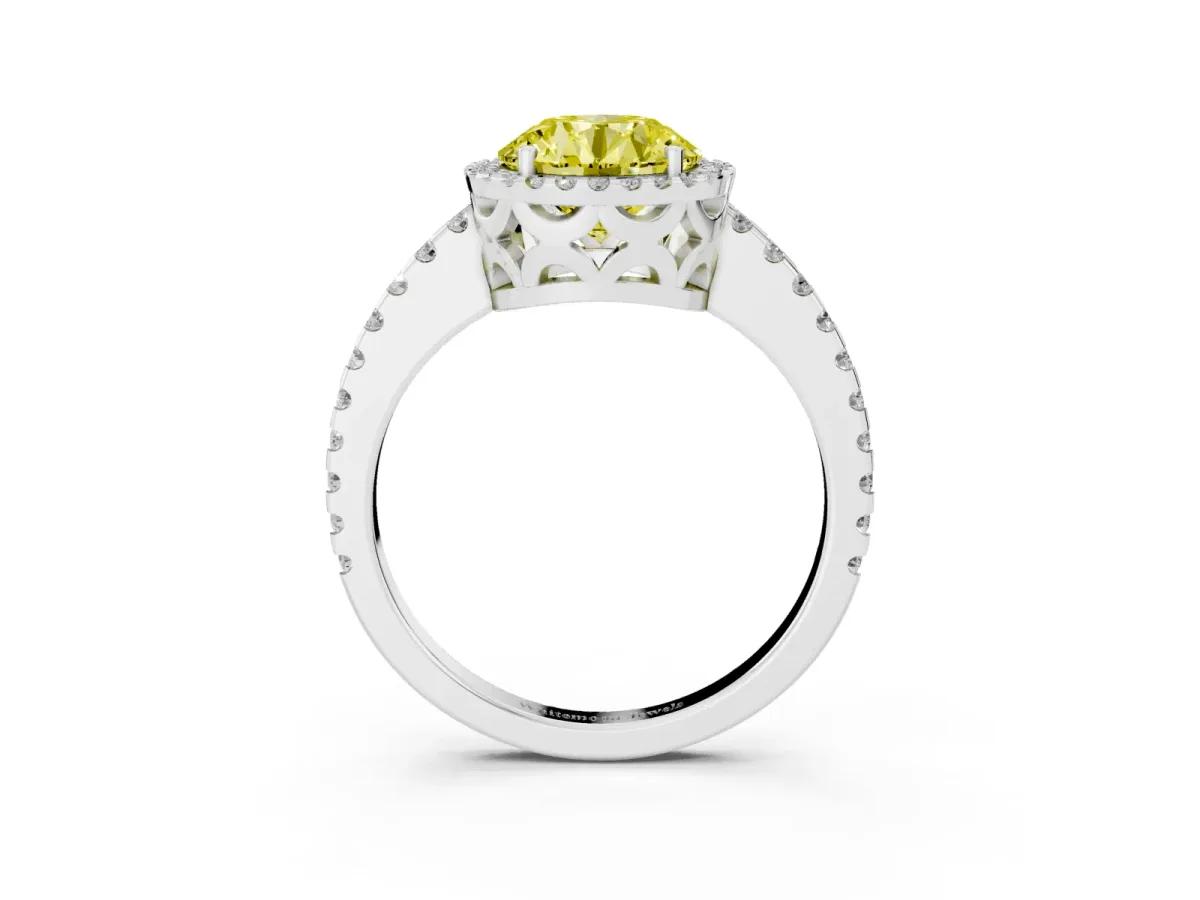 Fancy Yellow Round Cut Diamond Halo Engagement Ring with Pavé Band and Prong Setting Platinum