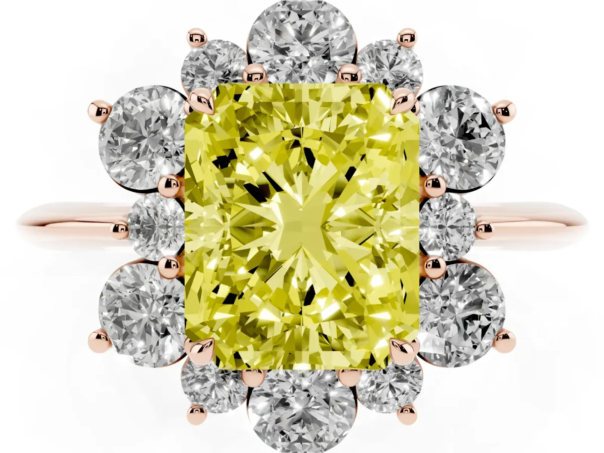 Fancy Yellow Radiant Cut Diamond Cluster Halo Ring with Solitaire Band and Four-Prong Setting Rose gold