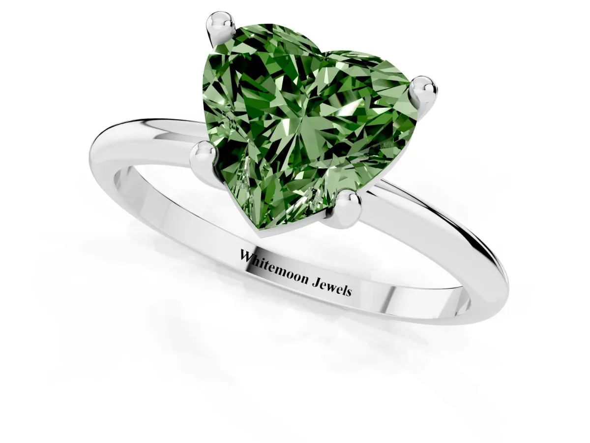 Fancy Green Heart Cut Solitaire Diamond Ring with 4-Prong Setting on a Classic Band Silver