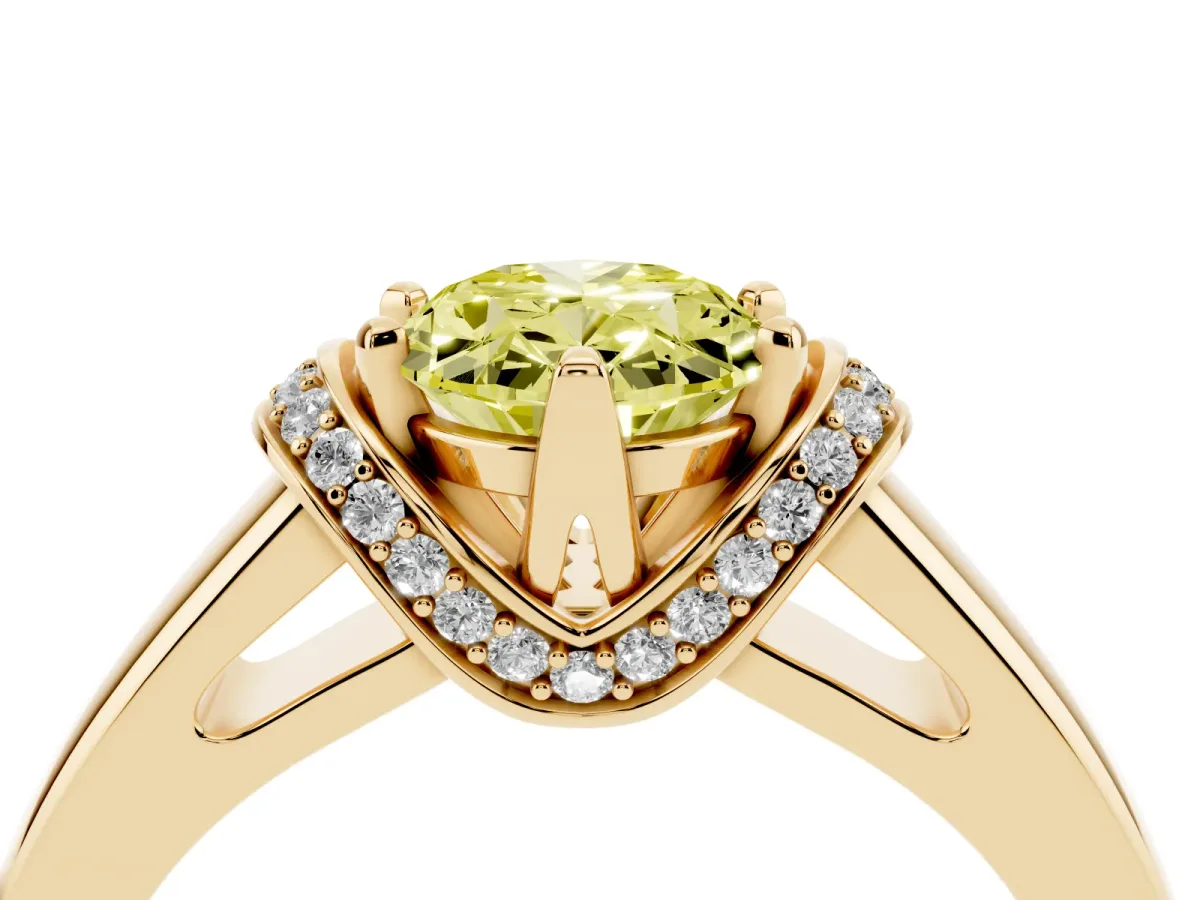 Fancy Yellow Oval Cut Solitaire Diamond Ring with Pave Band and Six-Prong Setting Yellow gold