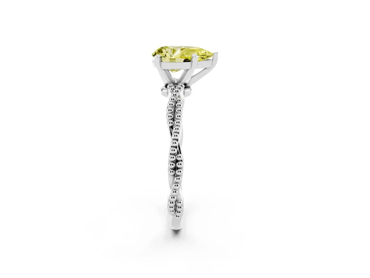 Fancy Yellow Pear Cut Solitaire Twisted Band with Bead Prong Setting Silver