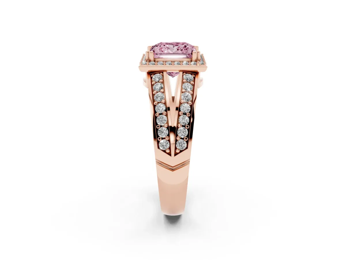 Fancy Pink Princess Cut Diamond Halo Ring with Split Shank Pavé Band and Four-Prong Setting Rose gold