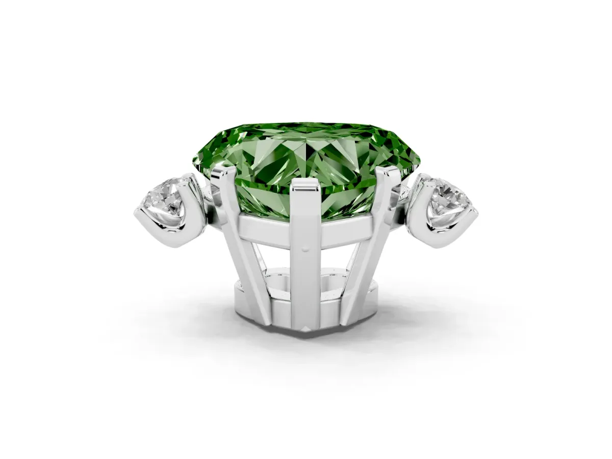 Fancy Green Heart Cut Cut Three-Stone Solitaire Ring with Round Accent Diamonds and Four-Prong Setting White gold