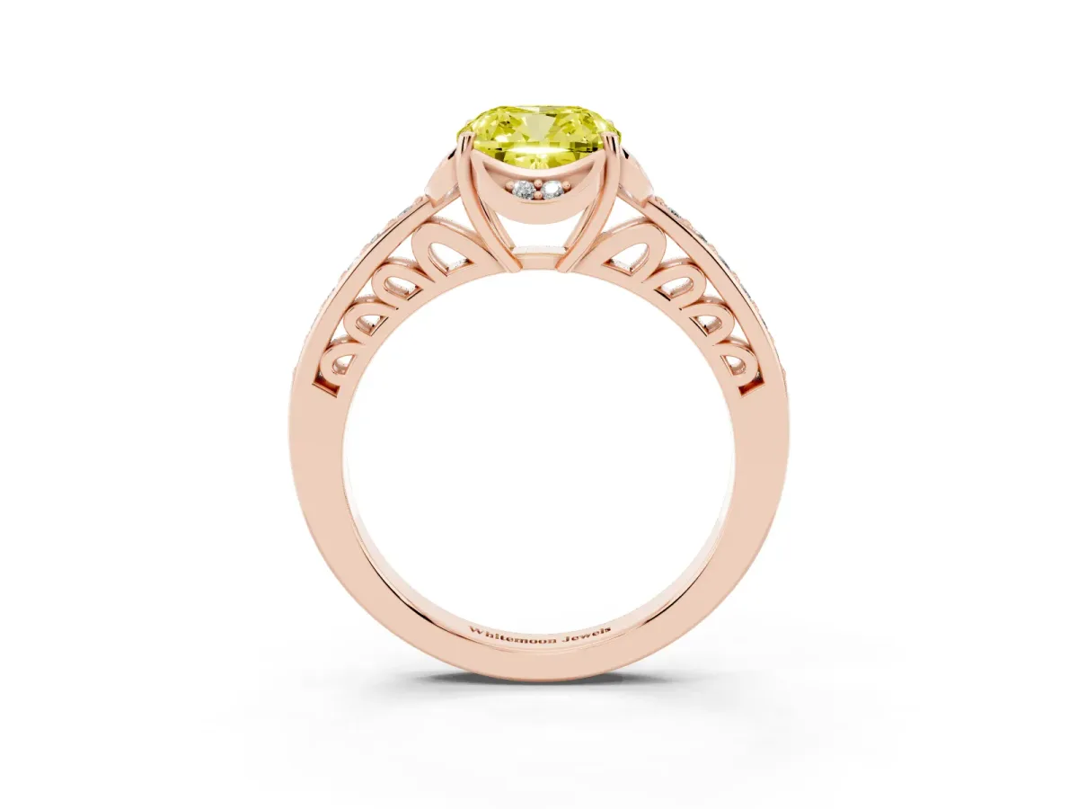 Fancy Yellow Cushion Cut Cut Halo Diamond Ring with Channel Set Band and Four-Prong Setting Rose gold