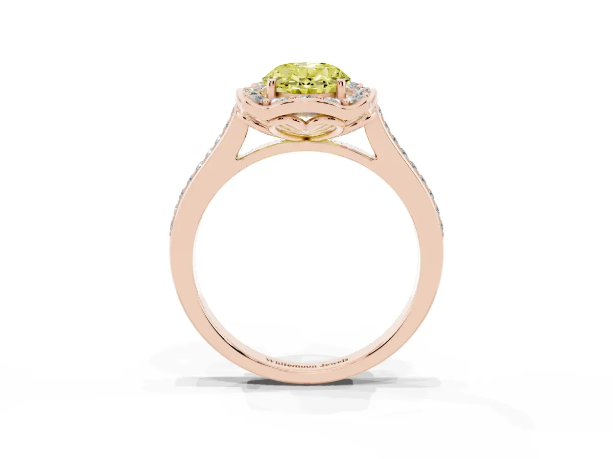 Fancy Yellow Oval Cut Halo Round Diamond Pave Band with Four-Prong Setting Rose gold