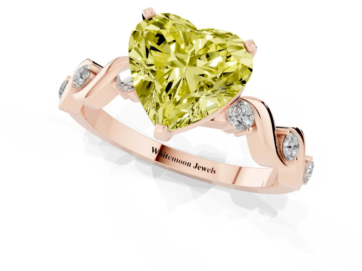 Fancy Yellow Heart Cut Diamond Solitaire Twisted Band with Round Accents and Prong Setting Rose gold