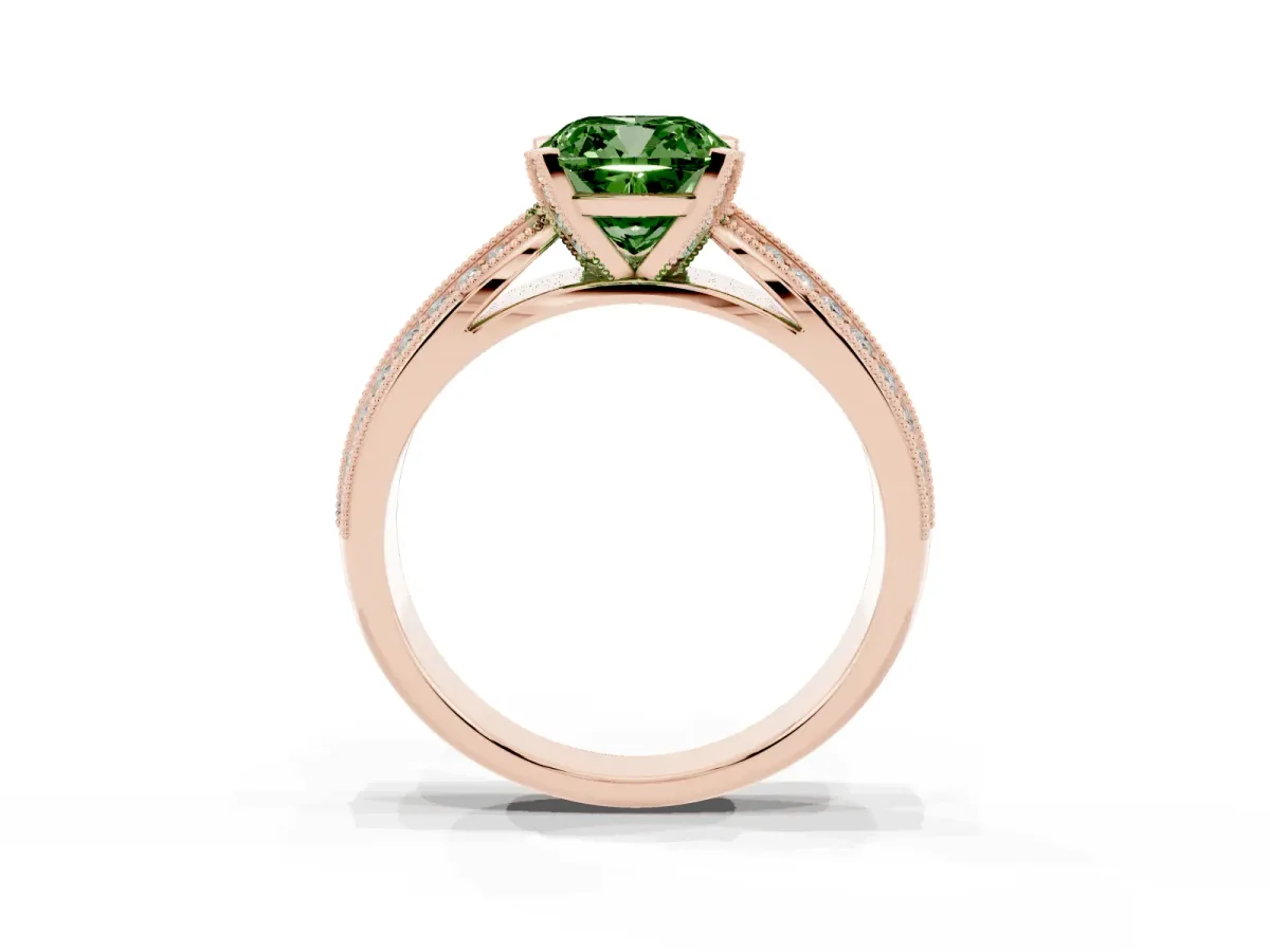 Fancy Green Cushion Cut Diamond Solitaire Ring with Milgrain Round Pavé Band and Prong Setting Rose gold