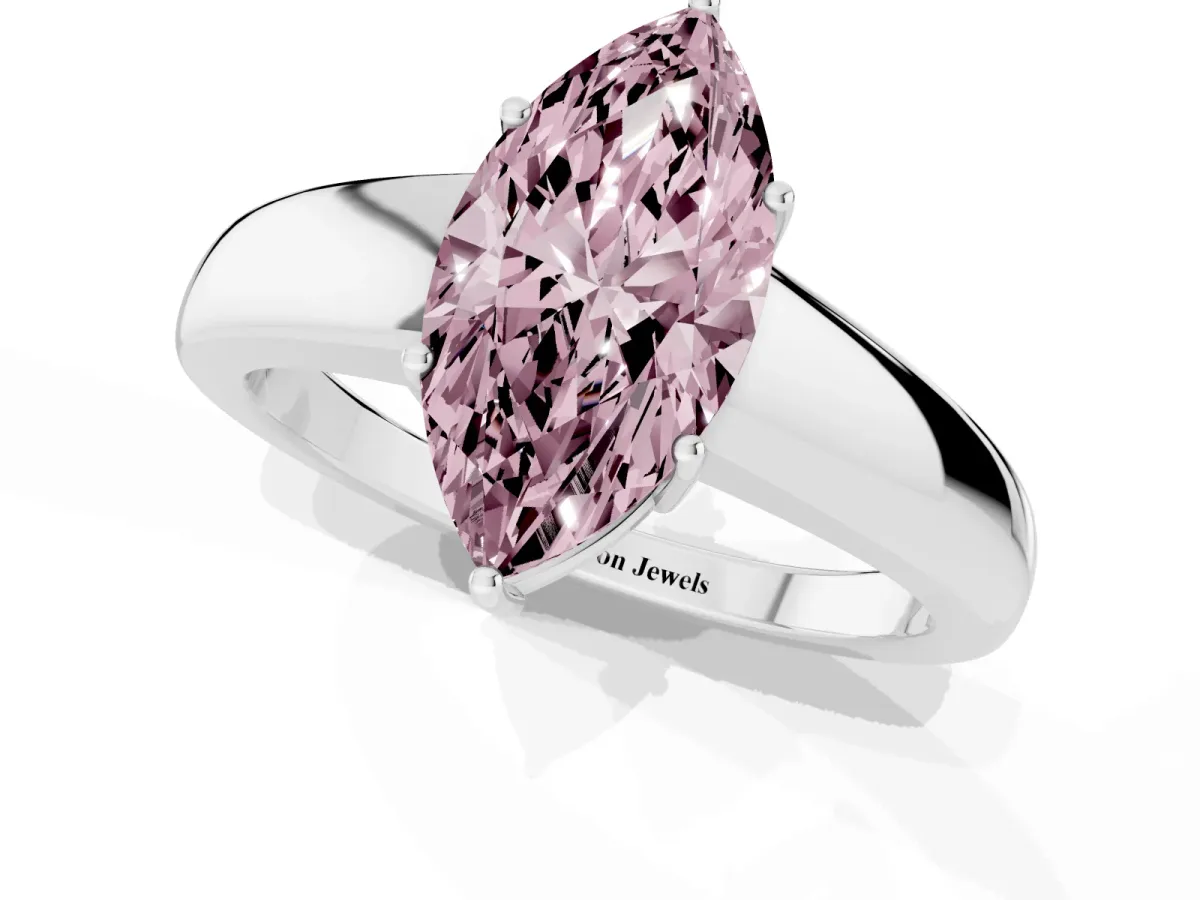 Fancy Pink Marquise Cut Solitaire Diamond Ring with Tapered Band and Four-Prong Setting Silver