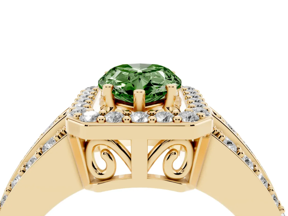 Fancy Green Pear Cut Halo Diamond Ring with Round Split Shank and Prong Setting Yellow gold