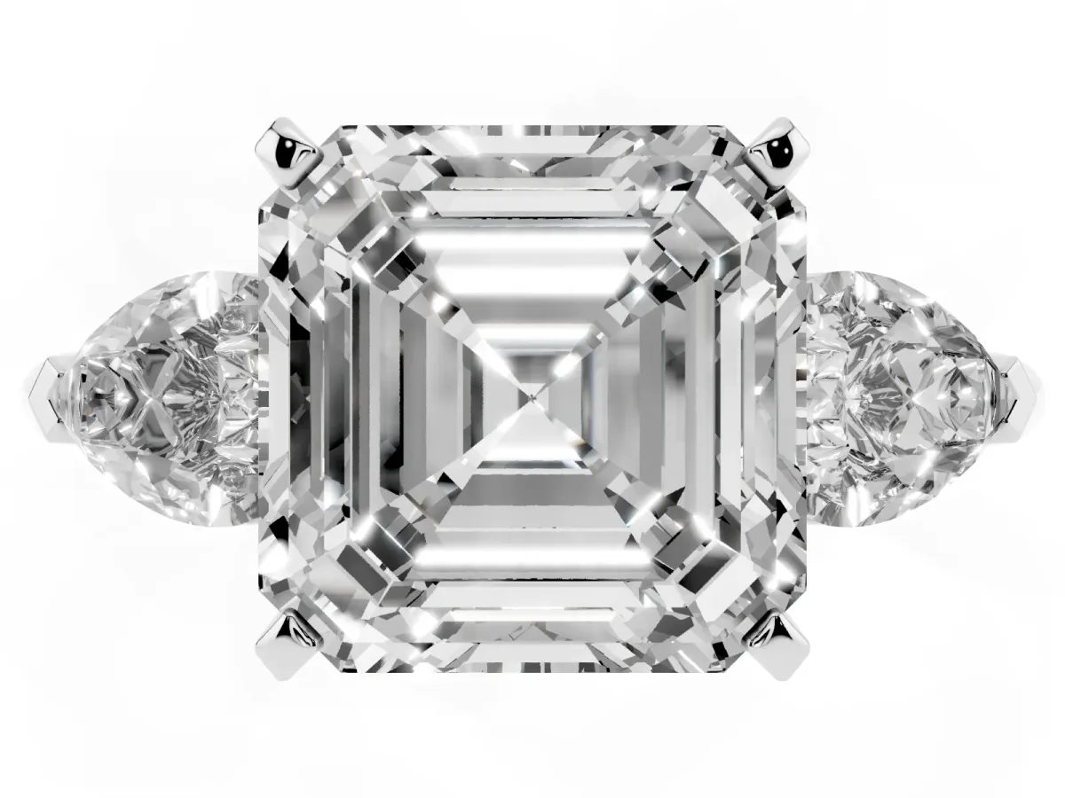 Three-Stone Asscher Cut Diamond Ring with Pear Side Stones and Four-Prong Setting Silver
