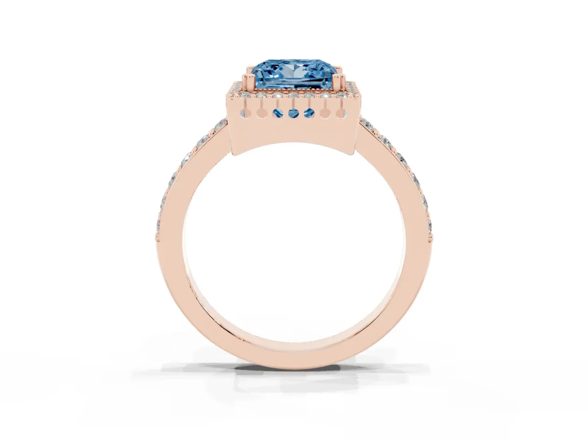Fancy Blue Princess Cut Cut Diamond Halo Engagement Ring with Milgrain Detail and Pavé Band Rose gold