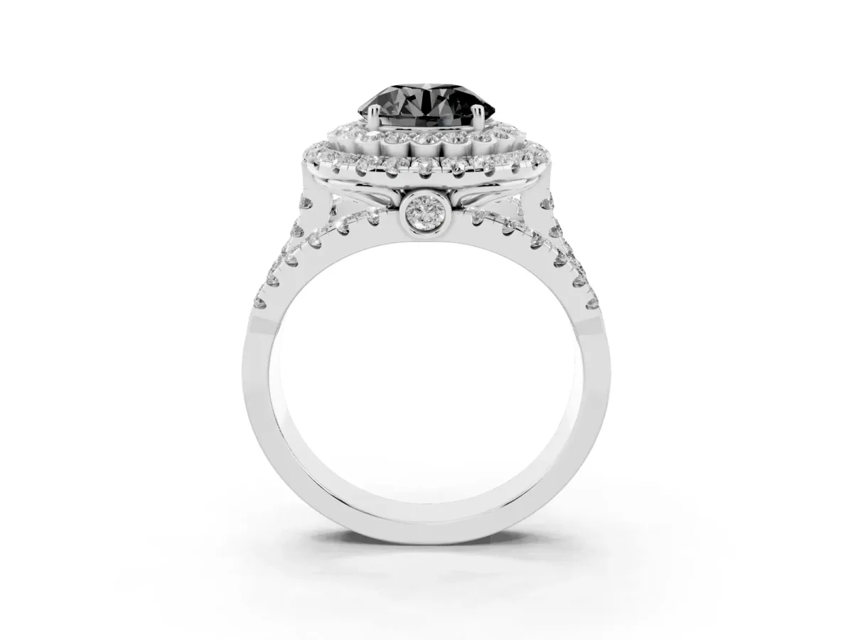 Fancy Black Round Cut Diamond Double Halo Ring with Round Pavé Split Shank and Prong Setting Silver