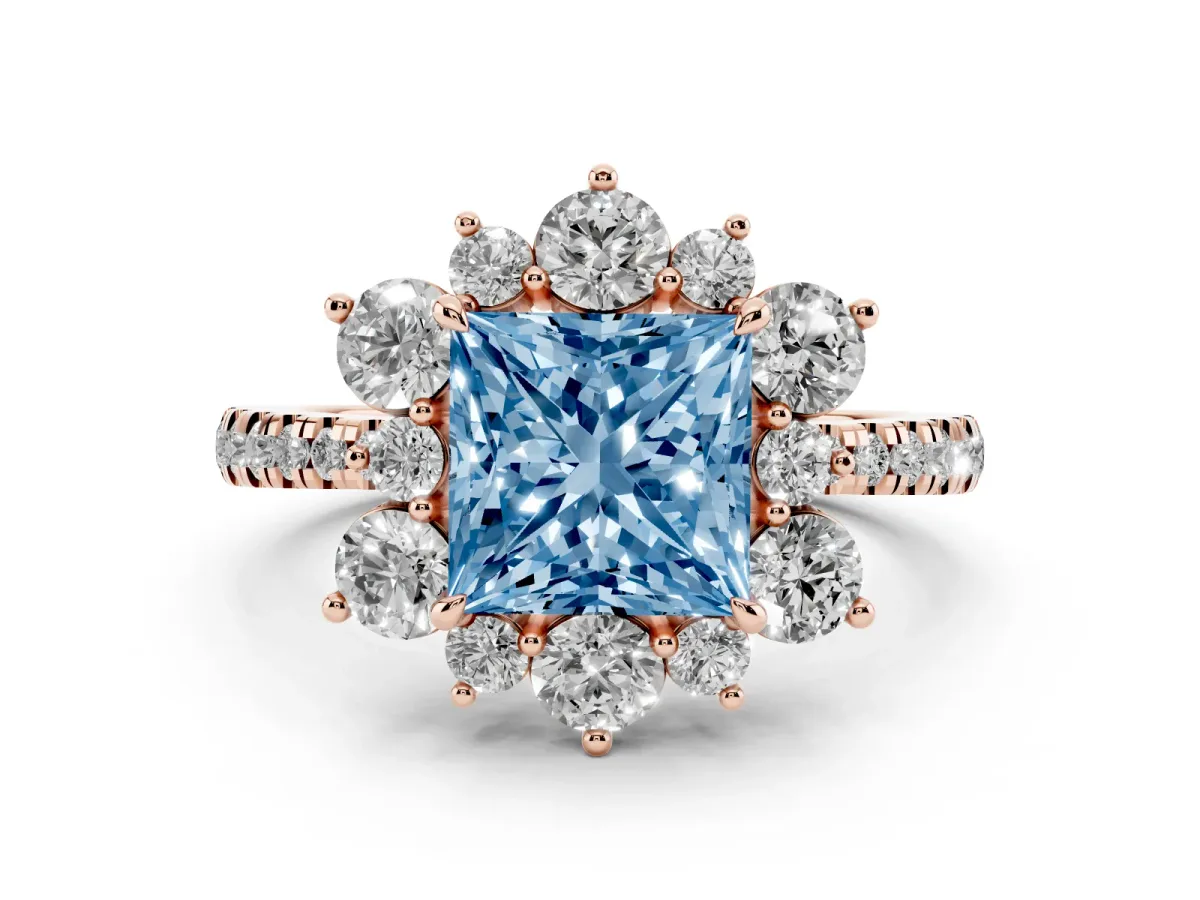 Fancy Blue Princess Cut Diamond Floral Halo Ring with Round Pavé Band and Prong Setting Rose gold