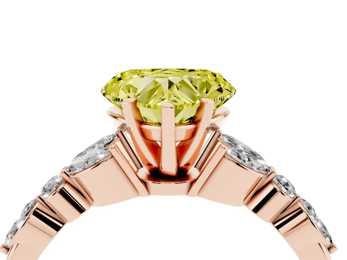 Fancy Yellow Heart Cut Diamond Solitaire Ring with Side Stones and Four-Prong Setting Rose gold