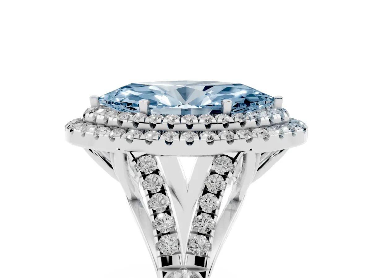 Fancy Blue Double Halo Marquise Cut Diamond Split Shank Engagement Ring with Four-Prong Setting Silver