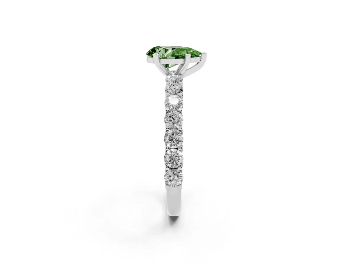 Fancy Green Pear Cut Diamond Solitaire Ring with Shared Prong Pavé Band and Four-Prong Setting Silver
