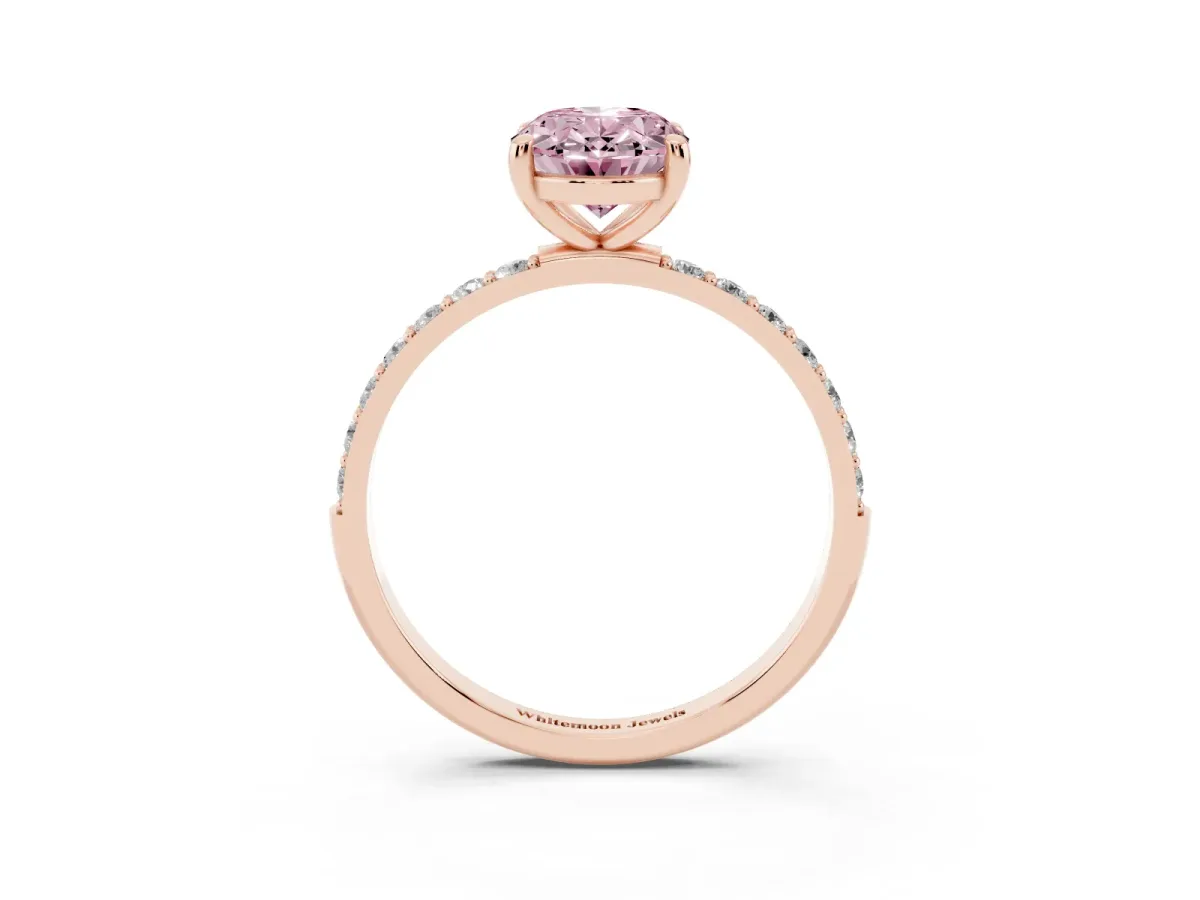 Fancy Pink Oval Cut Diamond Solitaire Ring with Round Pavé Band and Prong Setting Rose gold