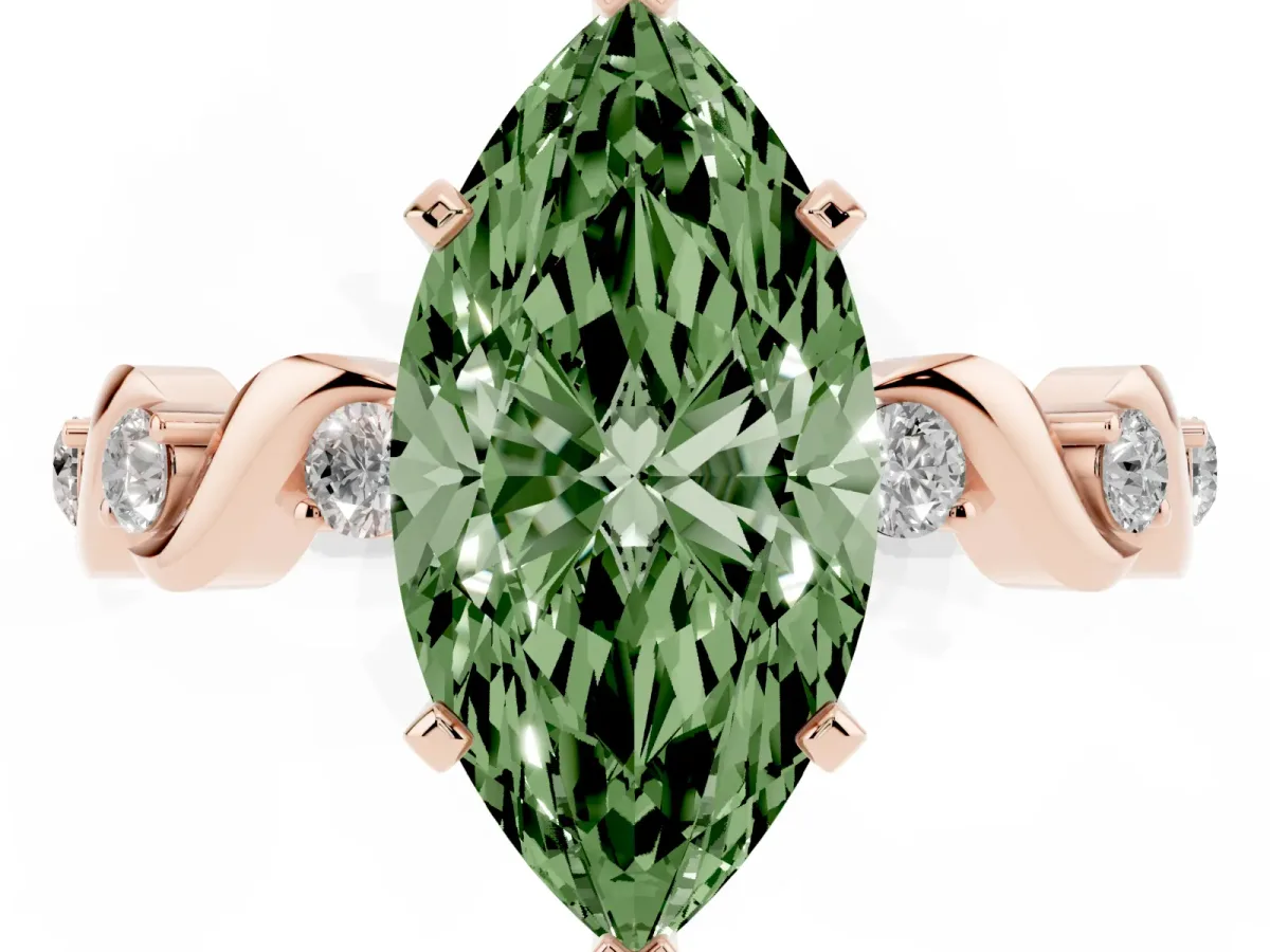 Fancy Green Marquise Cut Diamond Solitaire Twisted Band with Round Accents and Prong Setting Rose gold