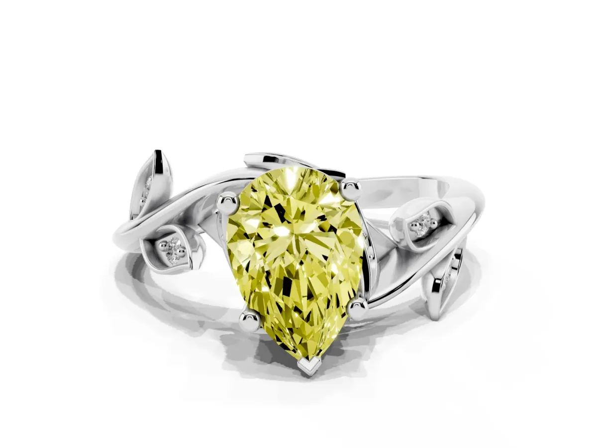 Fancy Yellow Pear Cut Solitaire Twist Engagement Ring with Leaf Accents and Prong Setting Silver